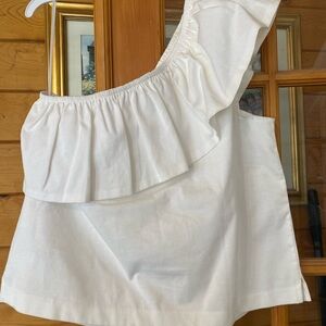 J. CREW White One-Shoulder Cotton Ruffle Top Size L